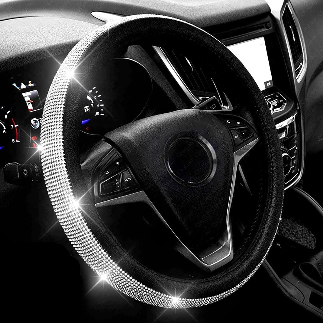 Bling Bling Rhinestones Car Steering Wheel Cover Leather Handcraft Steering Wheel Covers for Girls (Black)