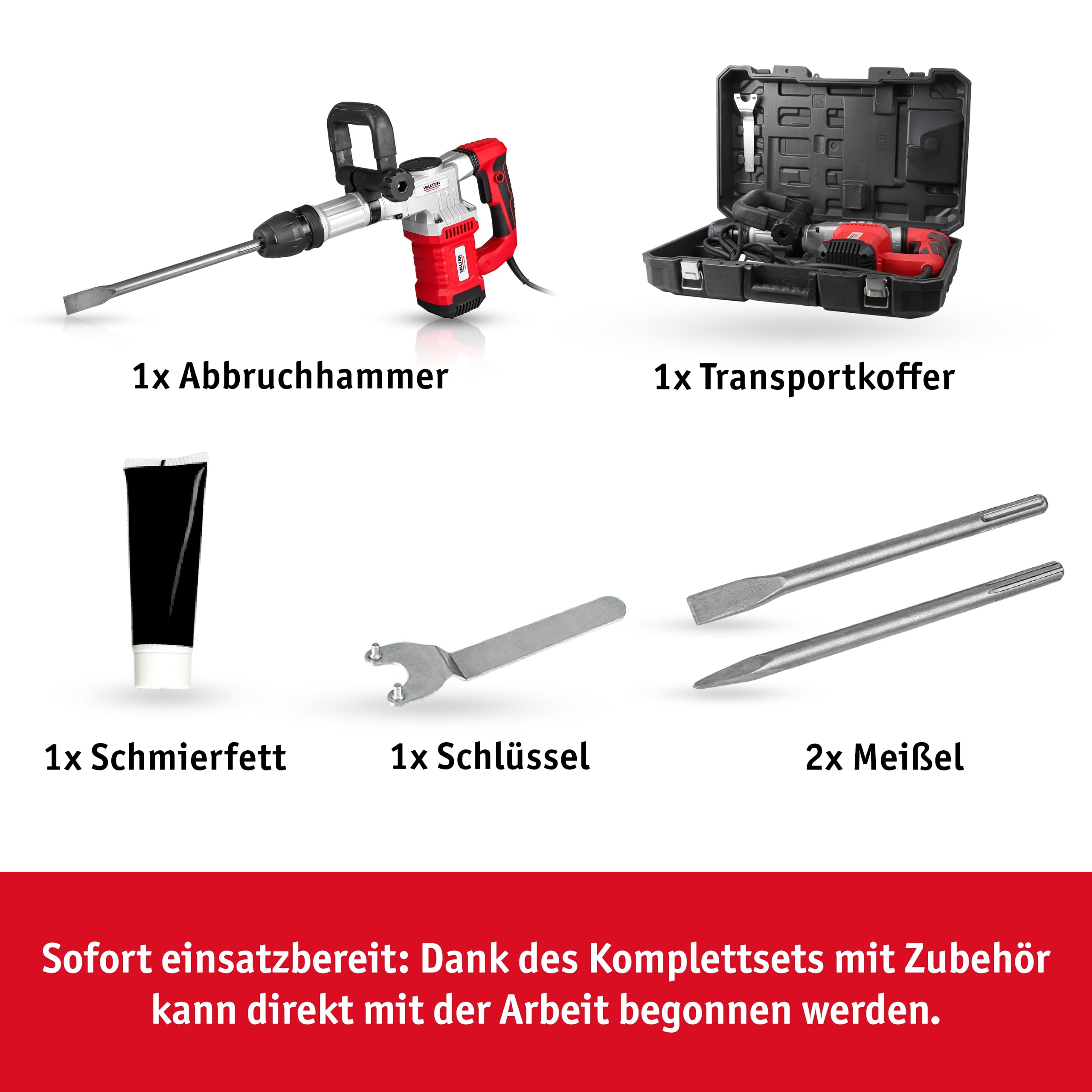 WALTER SDS Max - Stemm- und Abbruchhammer 1300 W, Meißeln, leistungsstark, 3800 Schläge pro Minute, 230 V / 50 Hz, ideal für anspruchsvolle Aufgaben in schwer zugänglichen Bereichen, Stemmen