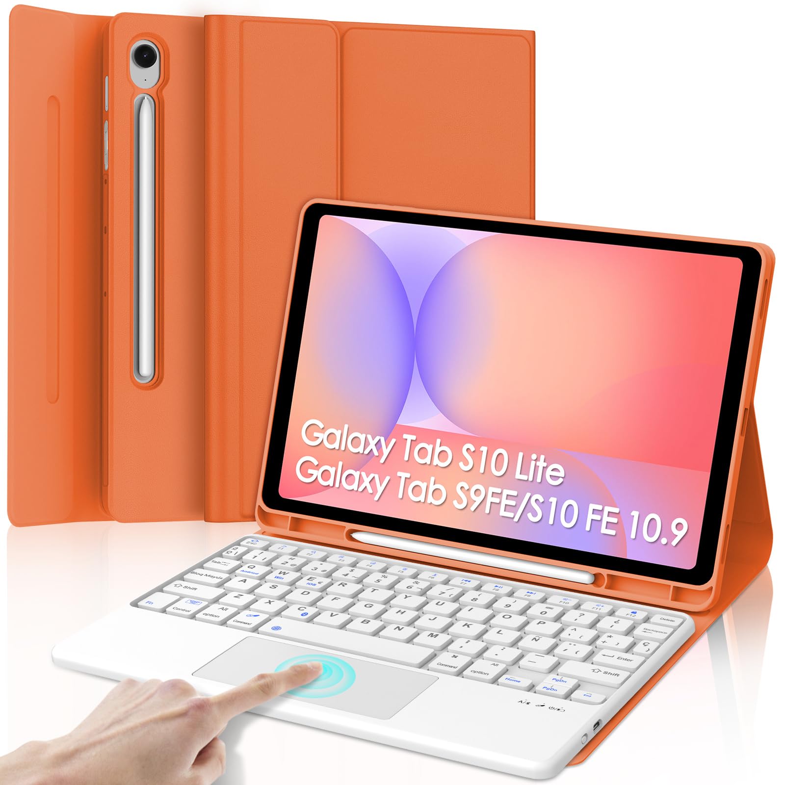 Teclado con funda Samsung S9 FE y S10 FE con touchpad QWERTY español Ñ naranja 8