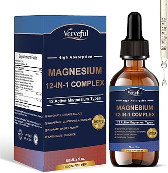12-in-1 Complex Magnesium Complex Drops with Glycinate Citrate Malate Oxide Taurate Aspartate Relaxation,Muscle,Heart Support,Max Absorption Liquid Formula 60ml