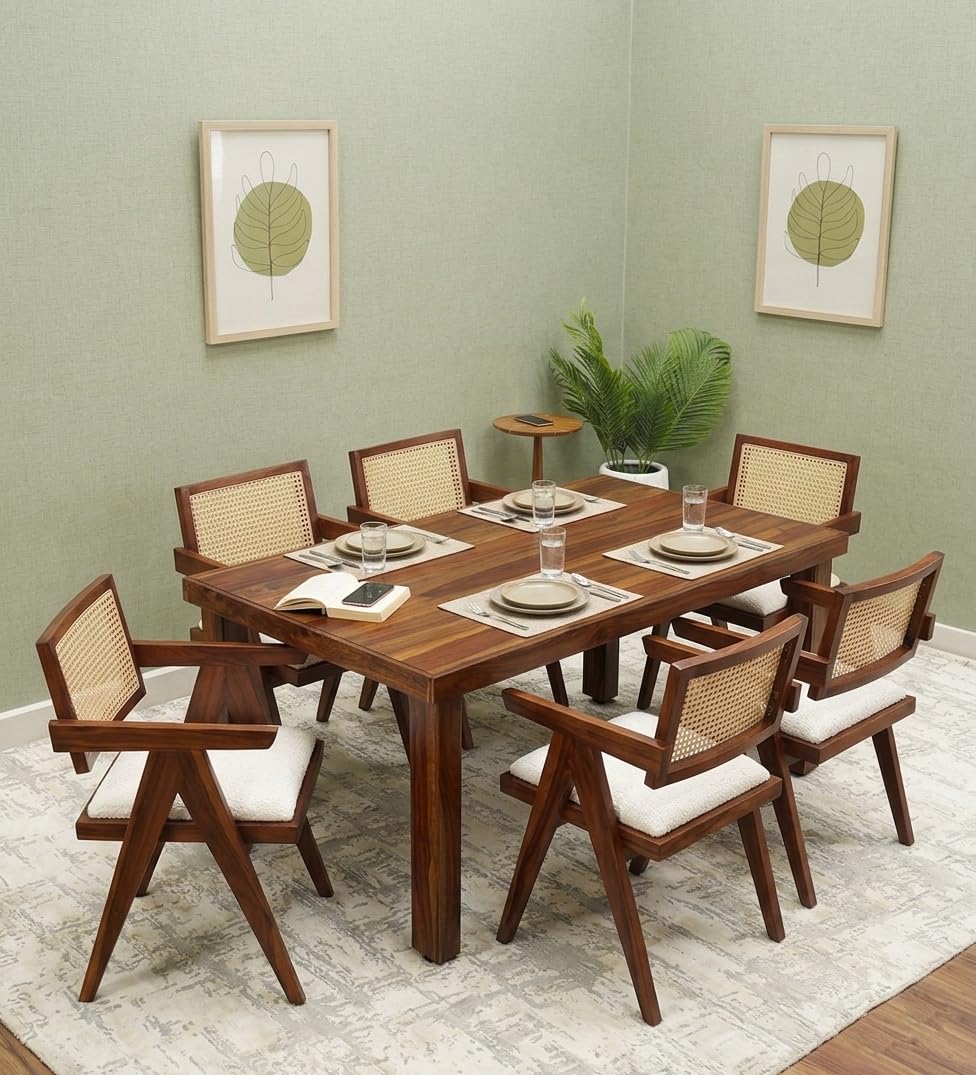 Premium Sheesham Wood 6 Seater Dining Table with Chair || Wooden Dining Table 6 Seater for Living Room || Dining Room Furniture || Cane Chair for Balcony || Honey Finish-picture-20