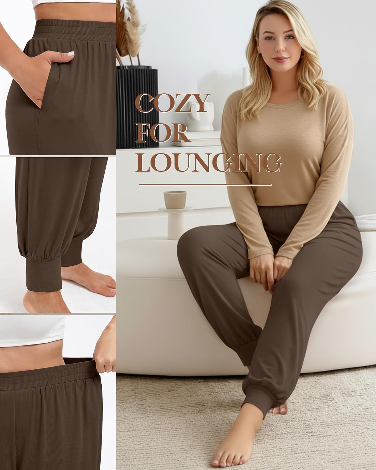3 Pack Women's Plus Size Yoga Joggers, Comfy High Waisted Lounge Pants Loose Casual Sweatpants Pajama with Pockets - Image 4