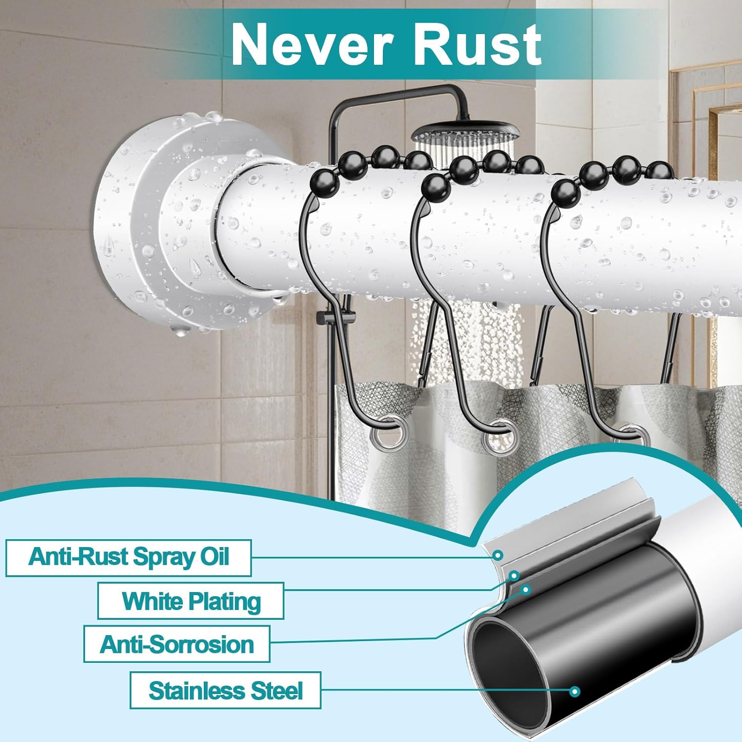 YNL Tension Shower Curtain Rod 34-96 Inches（2.8-8ft) Adjustable Spring Shower Rod No Drilling, Non-Slip, Never Rust, Stainless Steel, Suitable for Bathroom Window Kitchen,White