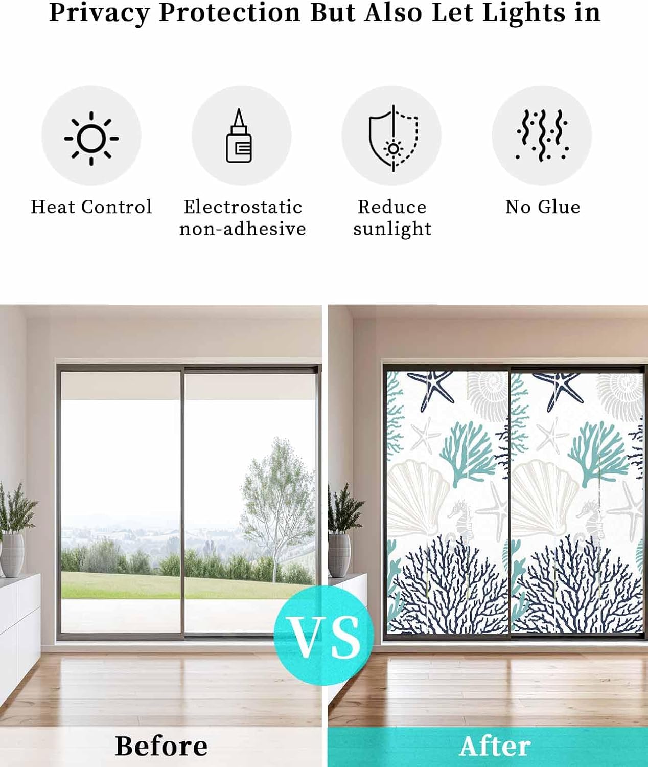 Window Privacy Film Turquoise Shell Window Clings for Glass Windows Starfish Coral Marine Life Windows Film Static Cling Frosted Windows Sticker Covering for Bathroom Living Room Office 29.5"x78.7"