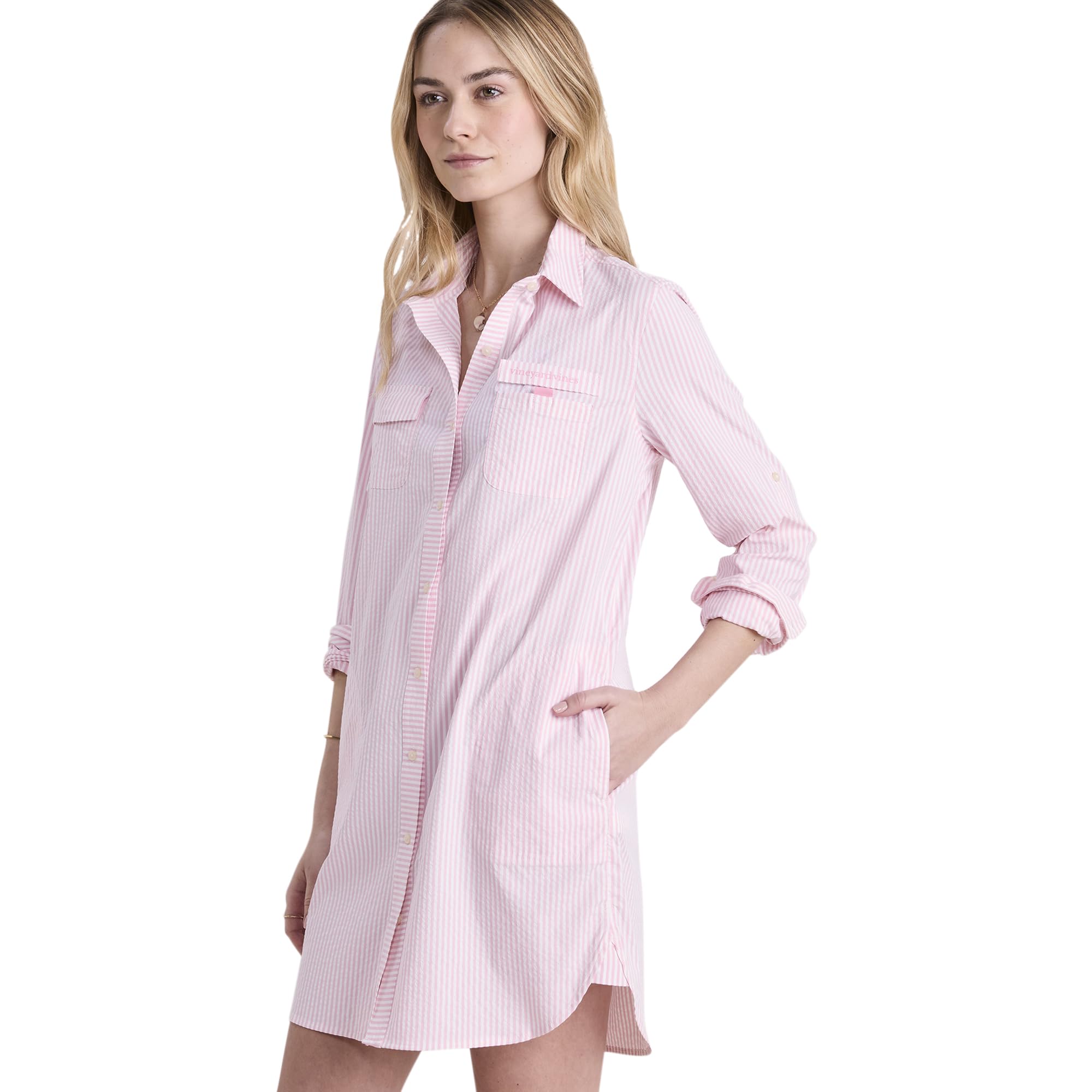 vineyard vines Women's Harbor Seersucker Shirt Cover-up, Vineyard Palm Beach/White Cap, 14
