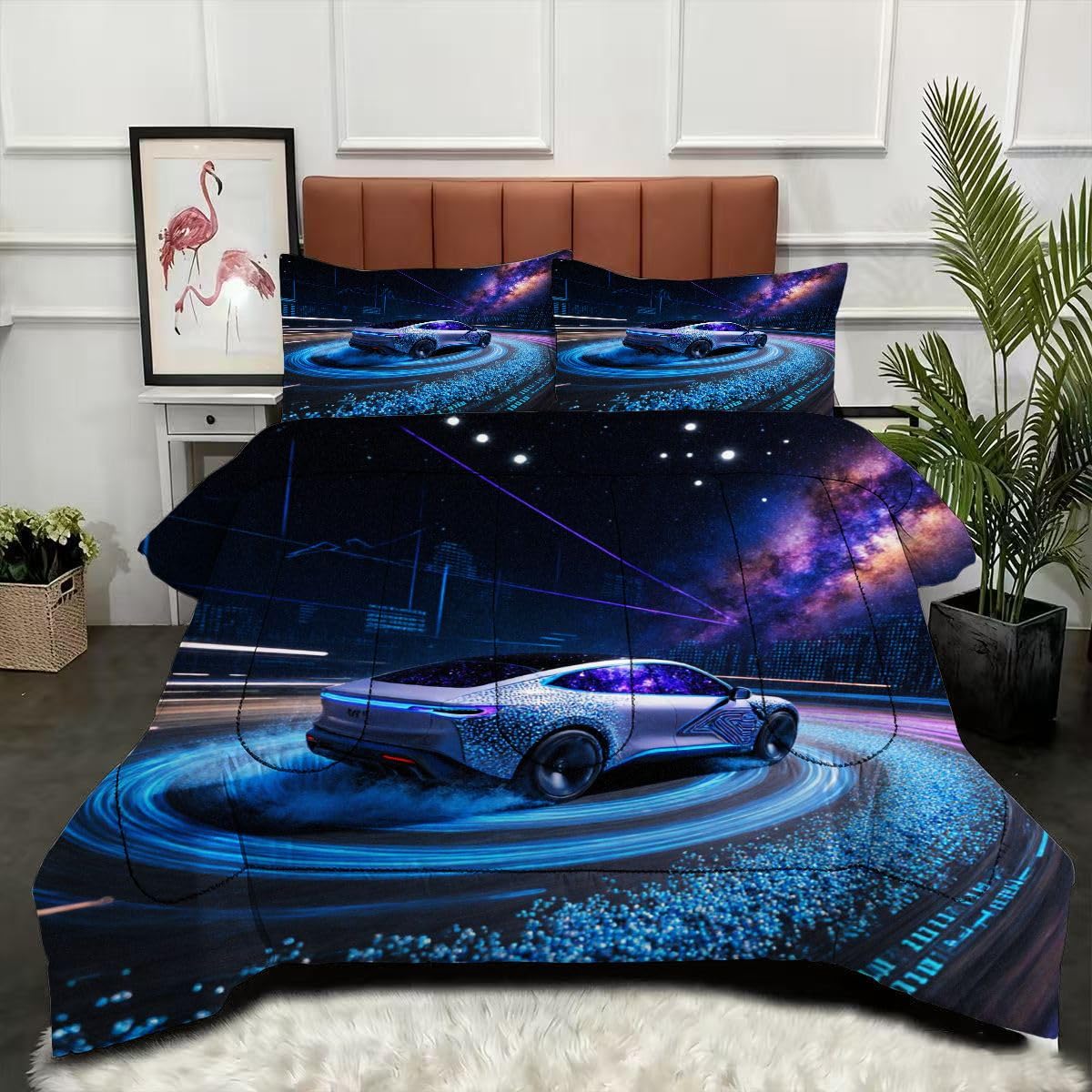 Couette 160x200 cm Voiture de Sport 3D avec 2 taies d'oreiller microfibre