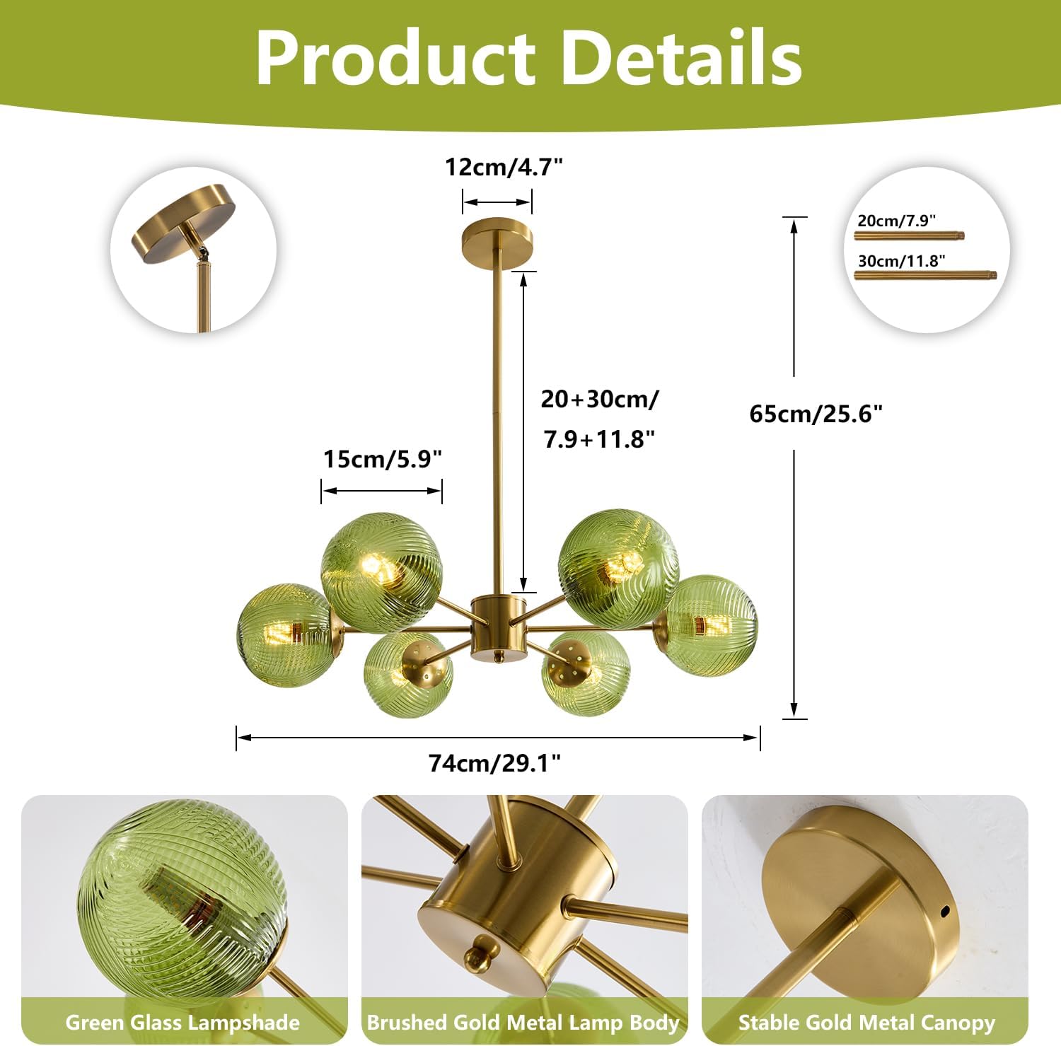 BOKT Green Glass Ball Pendant Light Mid Century Modern Gold 6-Lights Globe Sputnik Chandelier Light Fixture Brushed Brass Chandelier Pendant Light for Kitchen Island Dining Room