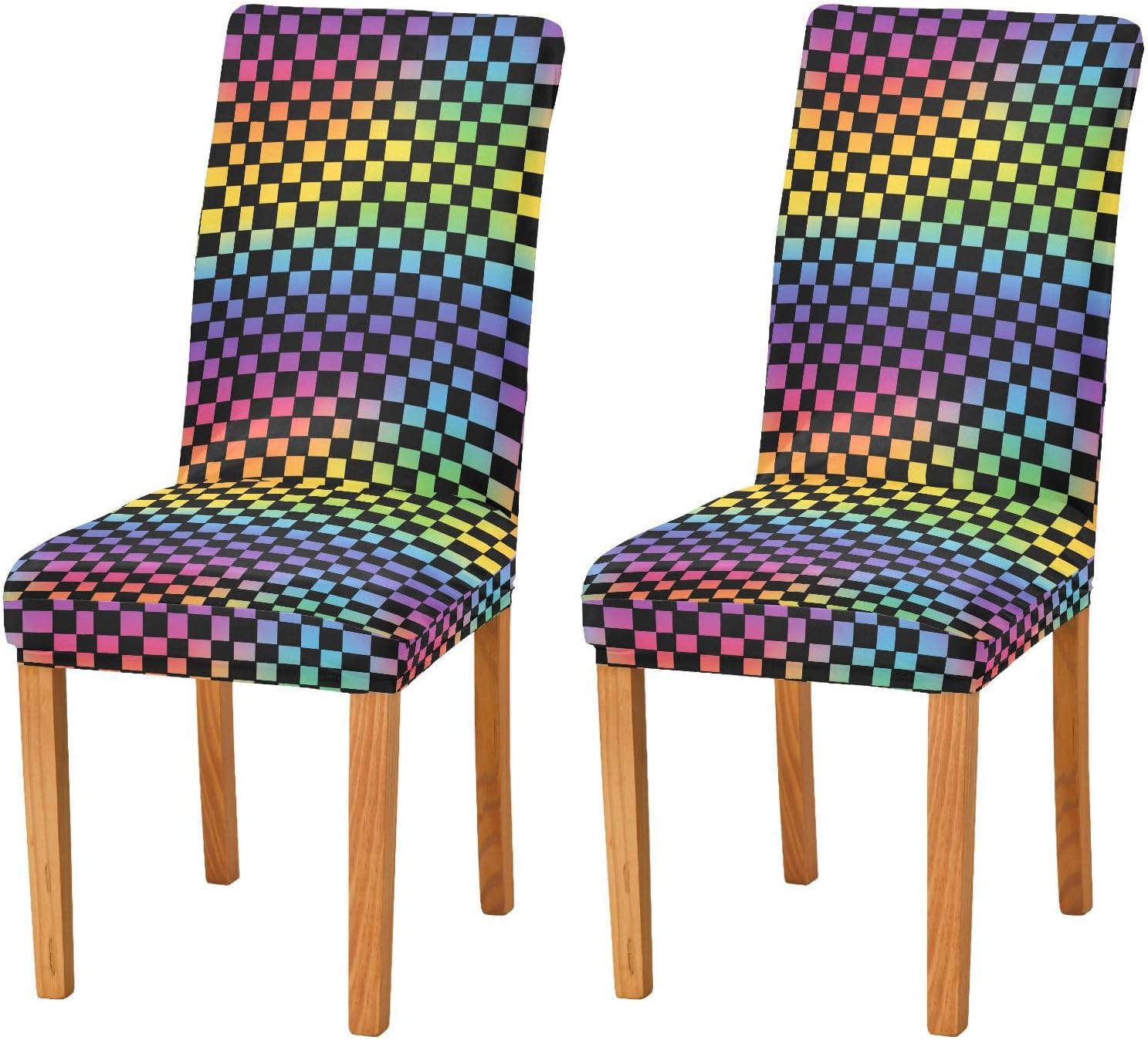 ALAZA Chair Covers for Dining Room, Black Rainbow Plaid Stretch Chair Cover Sets Chair Protector Removable Washable for Ktichen Restaurant Hotel