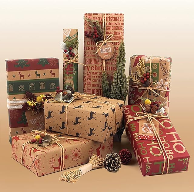 DOJoykey 12 Sheets Christmas Gift Wrapping Paper, 70 * 50cm Recyclable Kraft Wrapping Paper with Gift Tags and Jute String for Christmas Gift and Craft