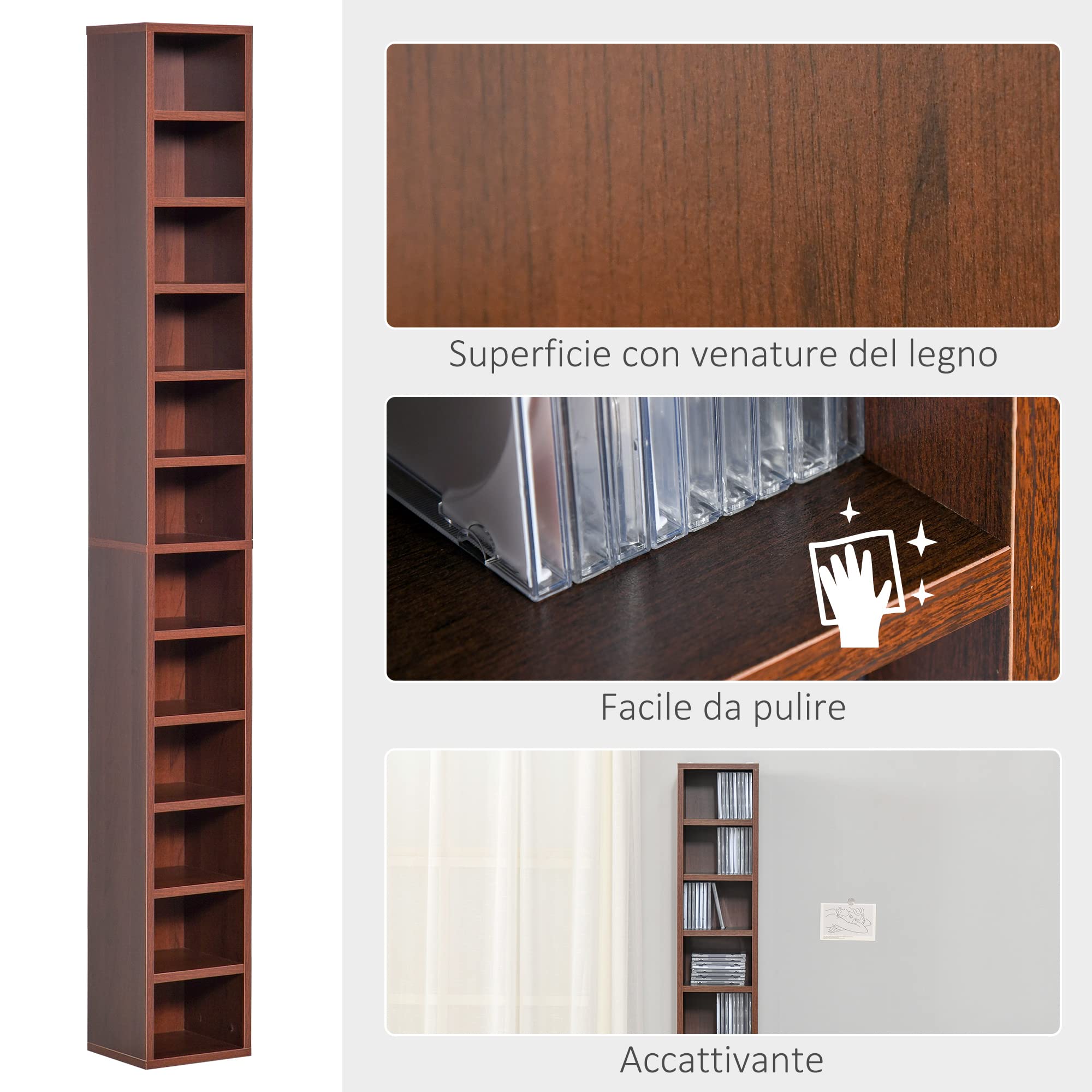 HOMCOM Mobiletto porta CD da Parete con Mensole semplice elegante funzionale in Legno mobile marrone 21 x 20 x 175cm