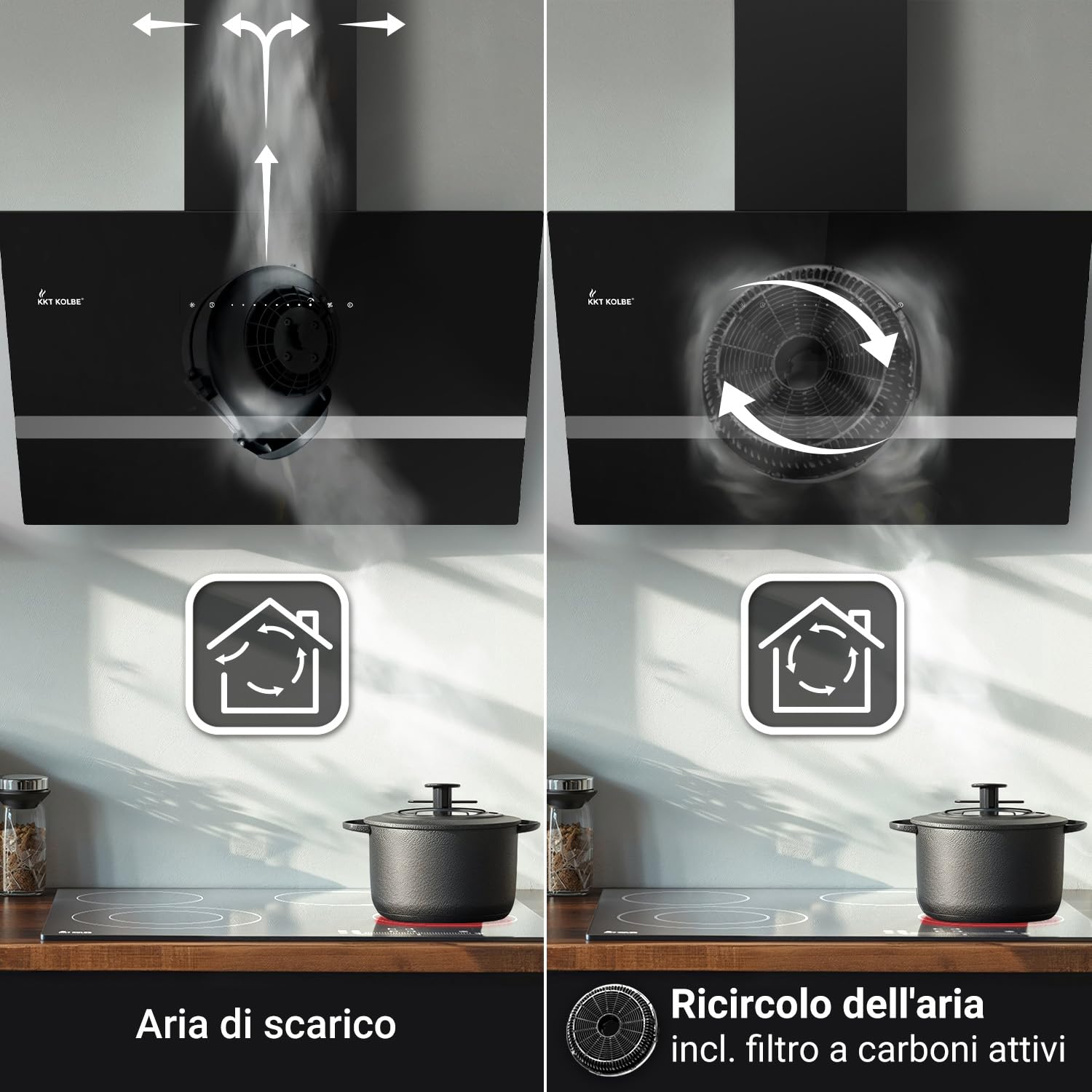 KKT KOLBE Cappa aspirante 90 cm | Cappa Cucina Inclinata | acciaio inossidabile | vetro nero | WiFi | auto spegnimento | Illuminazione LED RGBW | Operazione di tocco | EASY9005SM
