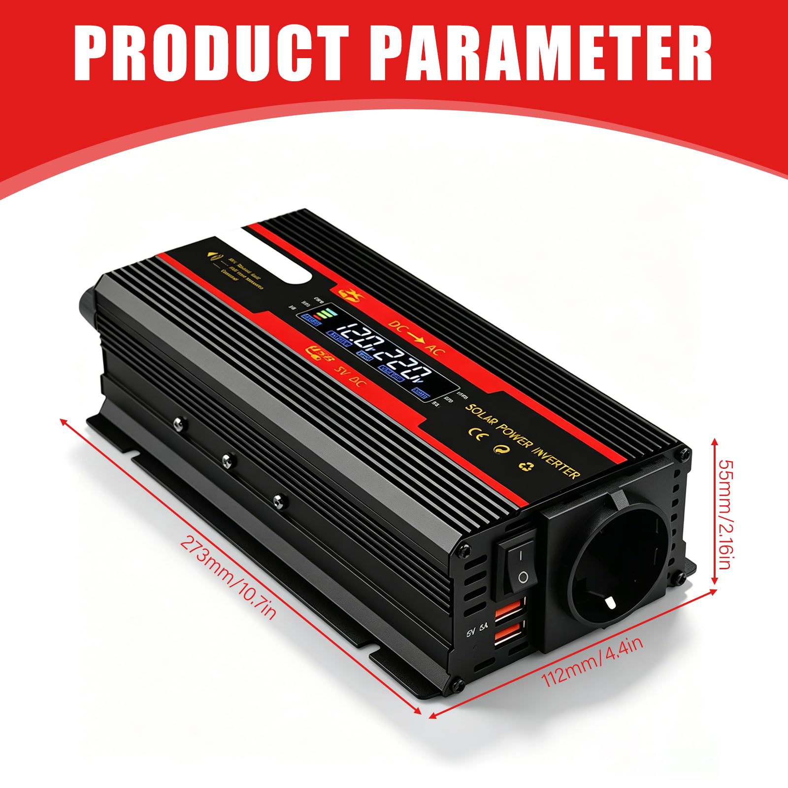 2000W Wechselrichter Spannungswandler 12V auf 230V, Modifizierte Sinuswelle Inverter mit 1 AC Steckdose & 2 USB Port Stromwandler und LCD-Anzeige, Stromumwandler Adapter für Auto KFZ Wohnwagen LKW