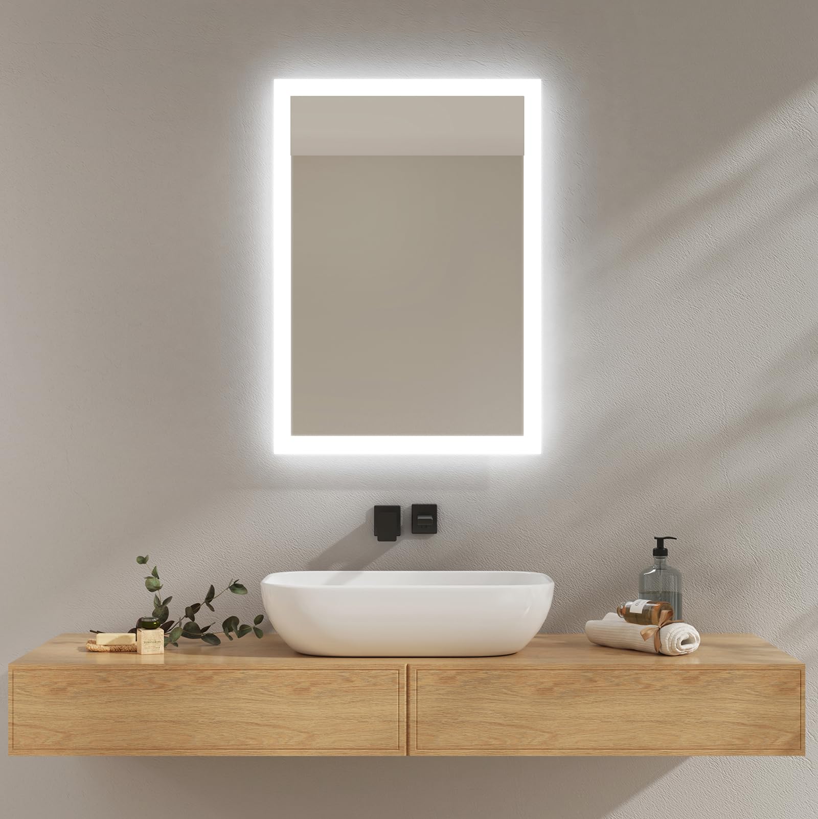 EMKE Miroir Salle de Bain LED Rectangulaire 50x70 cm Interrupteur Bascule | Miroir mural IP44 pour hôtel et maison,Antibuée,Pose verticale ou horizontale,2 couleurs 3000K/6500K
