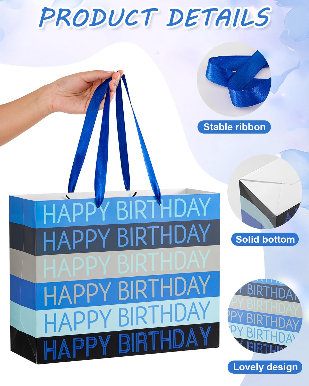 Happy Birthday Gift Bag with Tissue Paper, Card and sticker, 13" Large Gift Bag for Women Men Kids Birthday Party (Blue) - Image 4