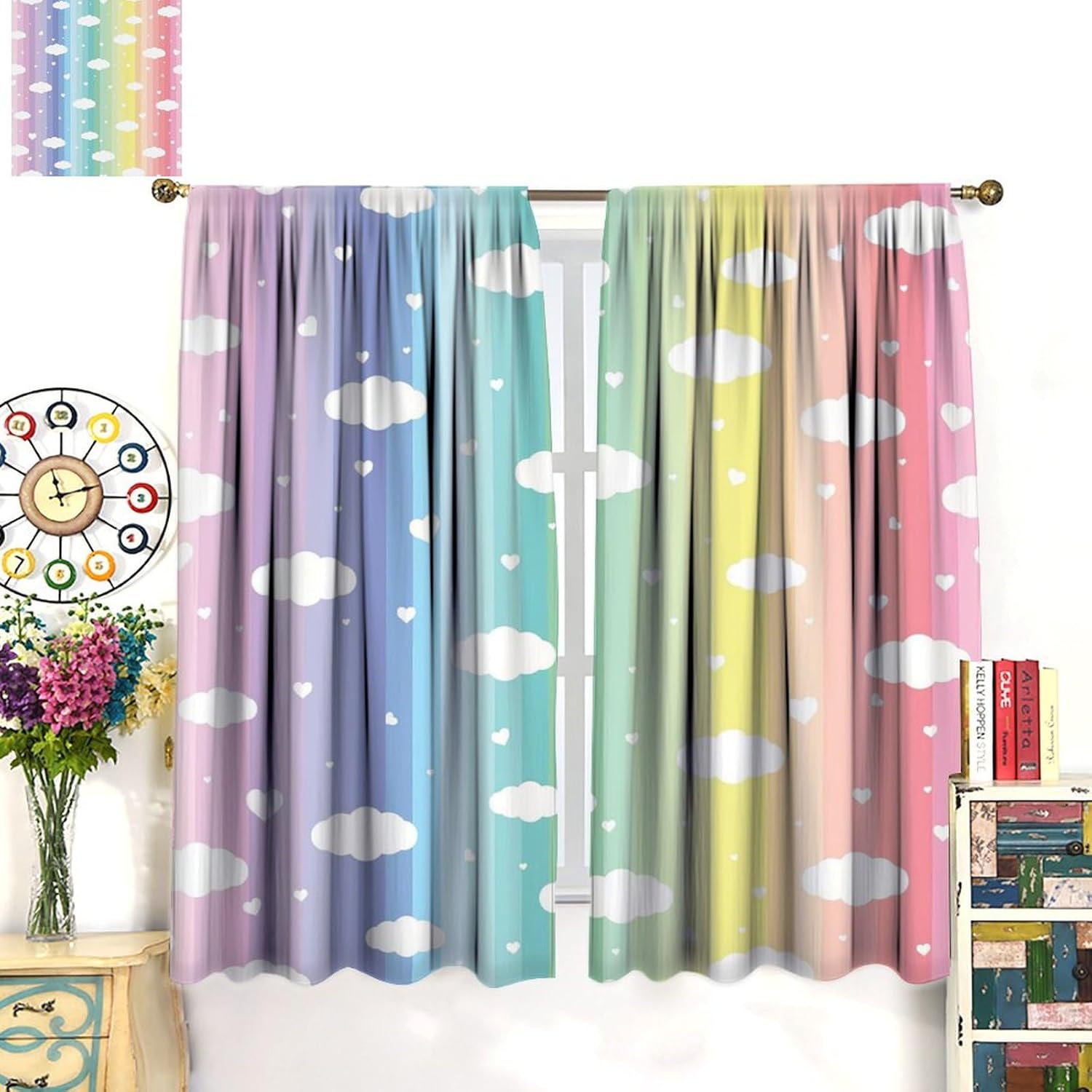 Rainbow Blackout Window Curtains, Colorful Pastel Rainbow Clouds Love Pattern Window Drapes, for Kids Girls Bedroom Living Room 42x45in 2 Panels