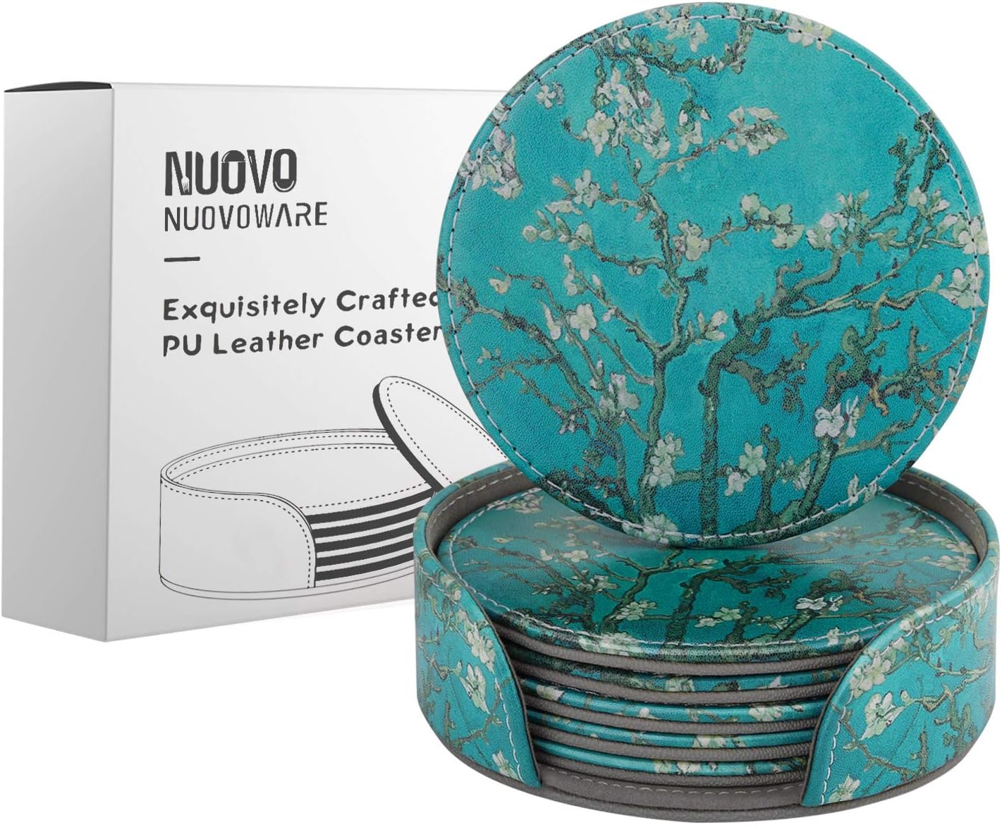 Nuovoware Coasters, [6-PACK] Premium PU Leather Coasters, Drink Round Coasters with Holder Sets, Protect Your Furniture from Stains, Water Marks, Scratch, Almond Blossom