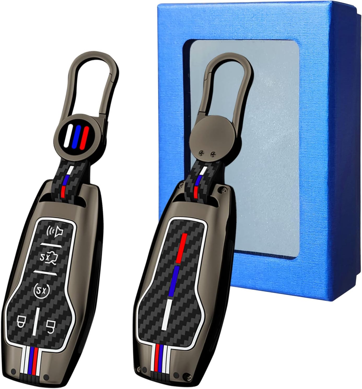 Yumzeco Compatible with Ford Mustang Key Fob Cover,Key Fob Shells Case for F150 Mustang Explorer Edge Fusion Lincoln MKZ MKC MKX,Metal Shell Carbon Fiber Pattern Silicone Full Protection