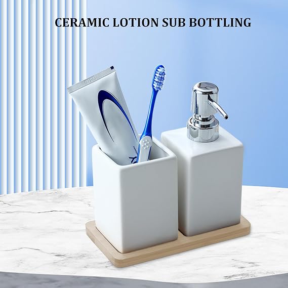 White Ceramic Bathroom Set with Wood Tray | Includes 320ml Soap Dispenser & Tumbler | Luxury Bathroom Accessories & Decor