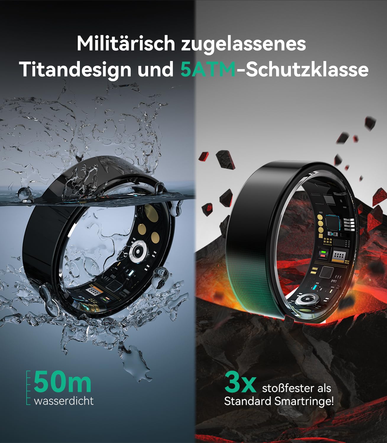 Smart Ring Mit kabellose Ladestation【JZ5.2-Chip & 0% Messfehler】【Militärgeprüftes Titan-Design & IP68】 Smartring Fitness Ring - 30 Sprachen & Herren für Android IOS（Schwarz, Größe 10）