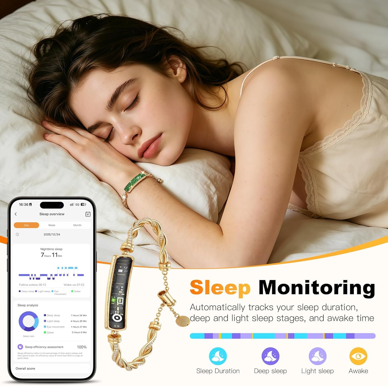 Braccialetto intelligente 2 in 1 con cristalli intarsiati per donne, braccialetto fitness tracker con frequenza cardiaca, monitoraggio del sonno e del ciclo, impermeabile IP68, cinturini