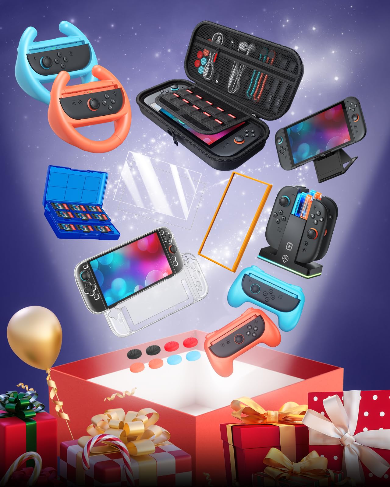 Ensemble de 23 accessoires pour Switch 2 2025, kit de rangement et de transport WAXITY avec station de recharge Switch 2, poignées, volant pour Joycon, housse de protection, protection d'écran