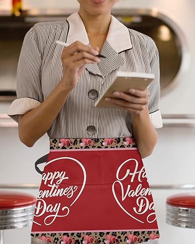 Miniatura 3 de Valentines Day Waitress Waiter Server Apron with PocketsRed Pink Love Brown Leopard Waist Half Waterproof Cooking Kitchen BBQ Grill Chef Apron for