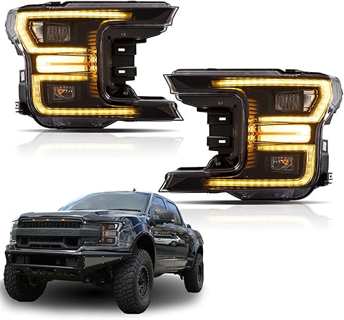 NEEVEEY Par de montaje de faros delanteros LED negros completos para Ford F-1-5-0 2018-2020 Proyector DRL