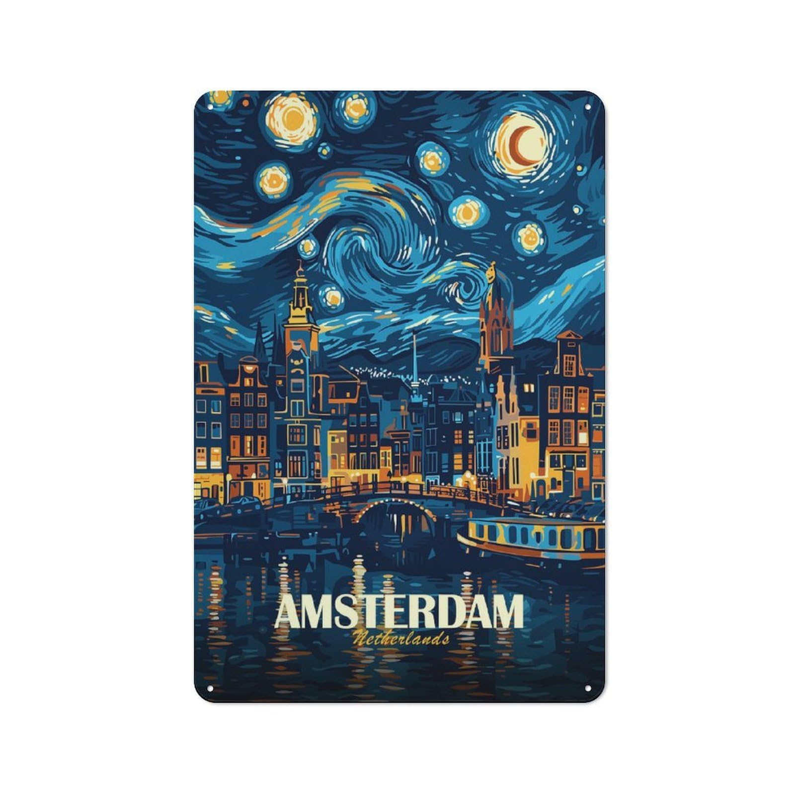 Junmoney Style-7 Casual Amsterdam Netherlands Starry Night Art Shed Metal Sign 30X20cm, Utility Space Decor For Shed, Garden Room, Porch Or Garage