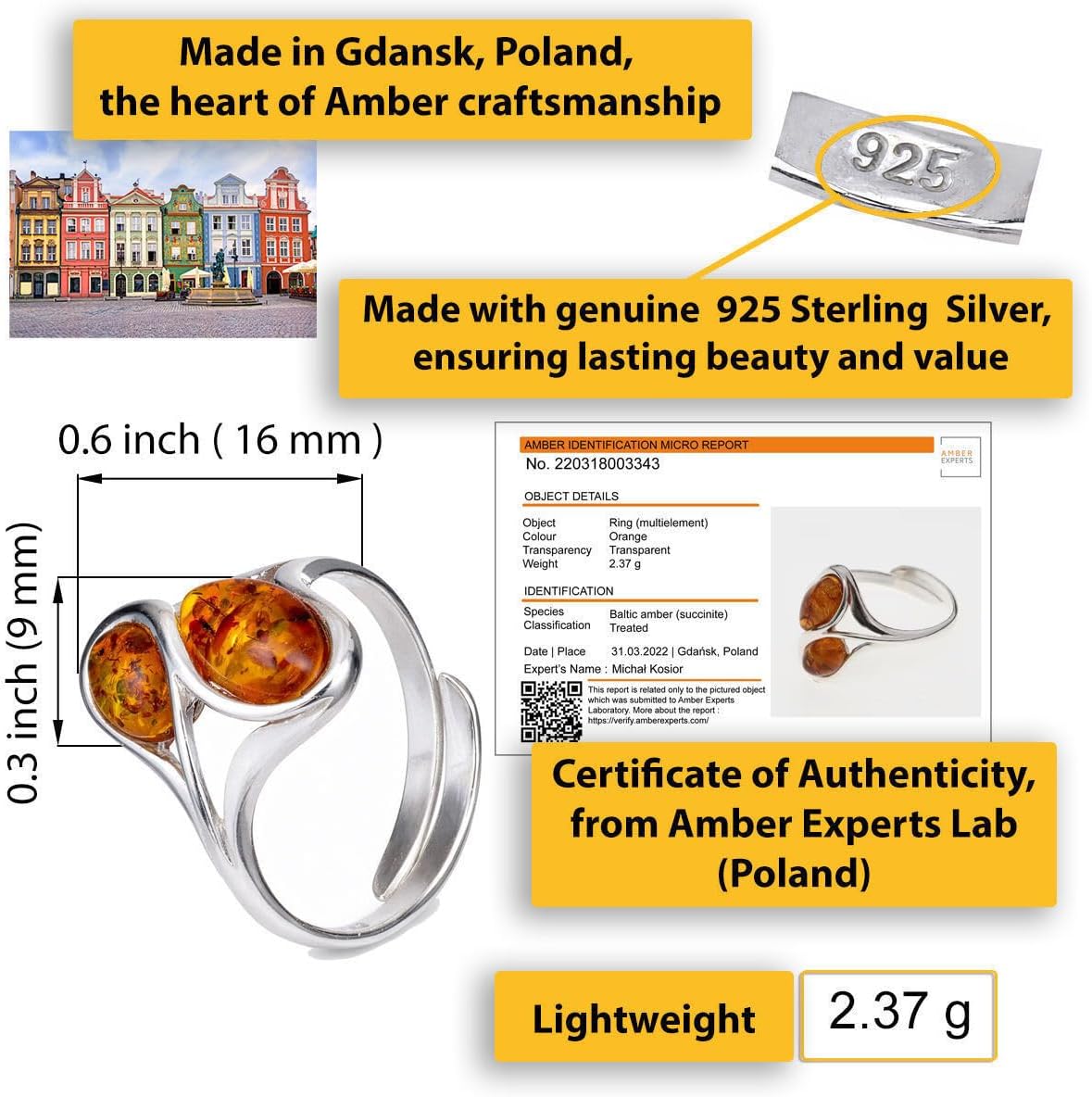 Baltic Amber Sterling Silver Adjustable Ring for Women, Genuine Real Gemstone, Jewelry Lab Certified
