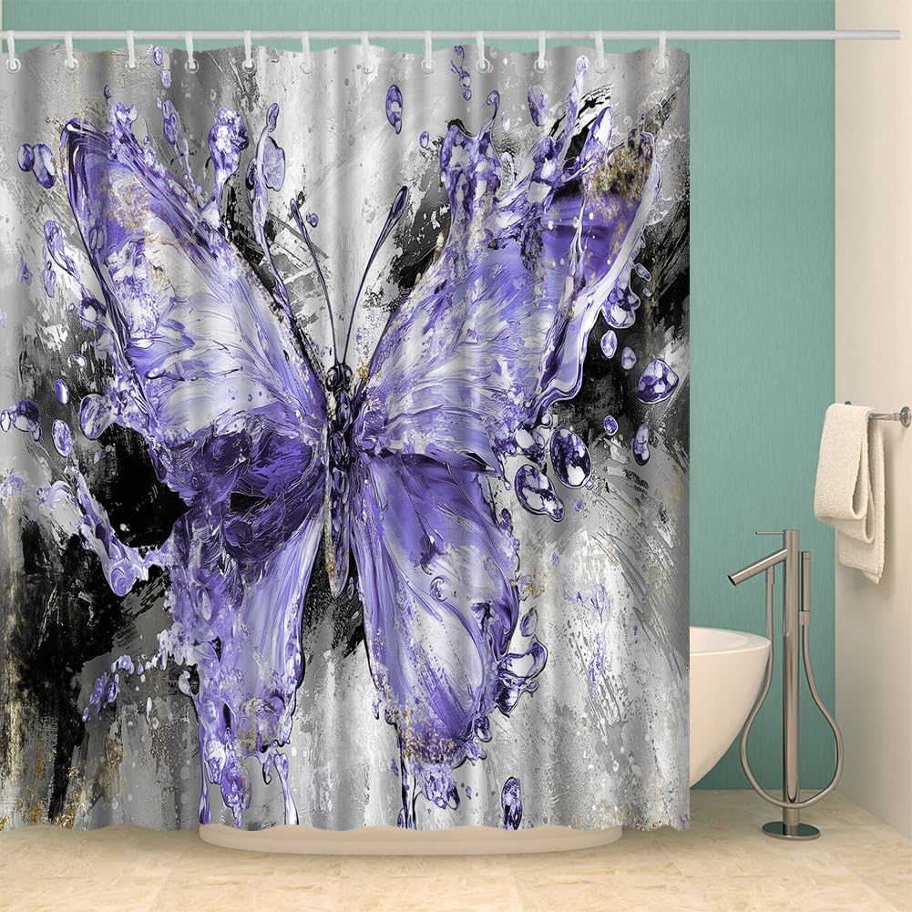 Purple Shower Curtain Set Butterfly Bathroom Decor with 12 Hooks 72x72 Inches
