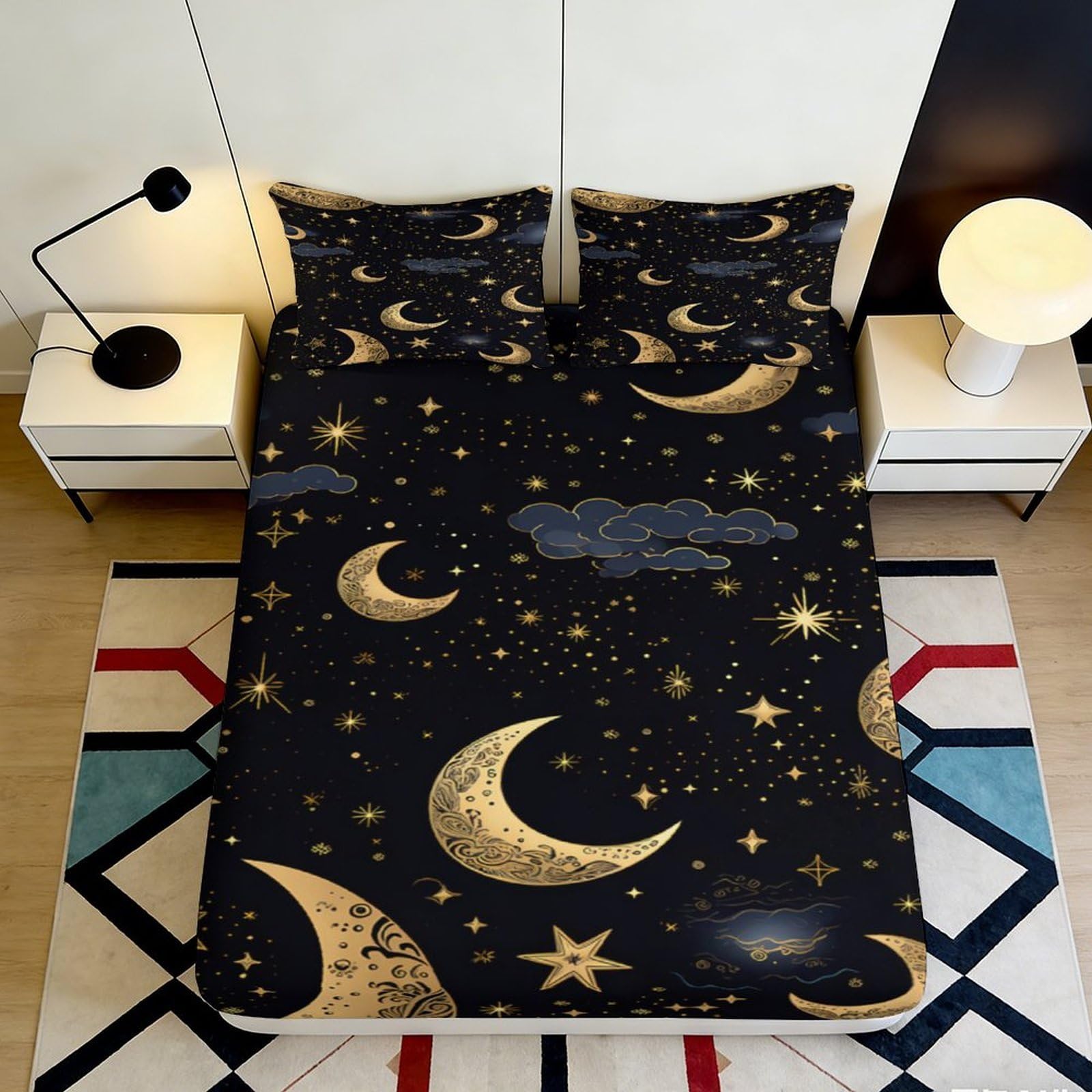 3D Printed Moon Star Night Sky Fitted Sheet Microfiber Soft Bed Sheet for Bedroom Dorm Decor Protection 90x200x25cm