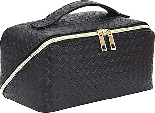 Large Capacity Travel Cosmetic Bag - Makeup Bag, Portable Leather Waterproof Cosmetic Bags,Women Makeup Travel Bag With Handle and Divider Flat Lay Makeup Organizer Bags (Black)