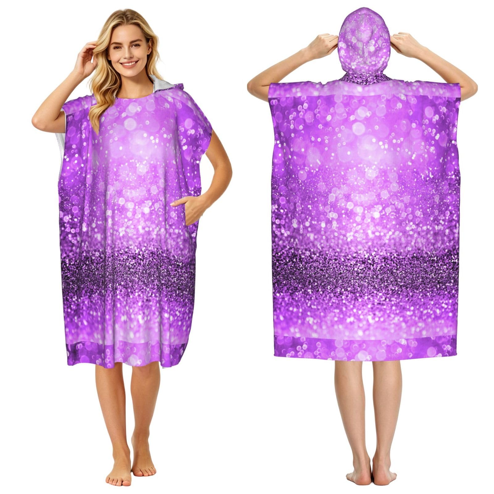 Poadnly Sparkling Purple Glitter, Adult Hooded Beach Towel 90 x 110 cm,Changing Bath Robe, Surf Poncho Towel For Women Men