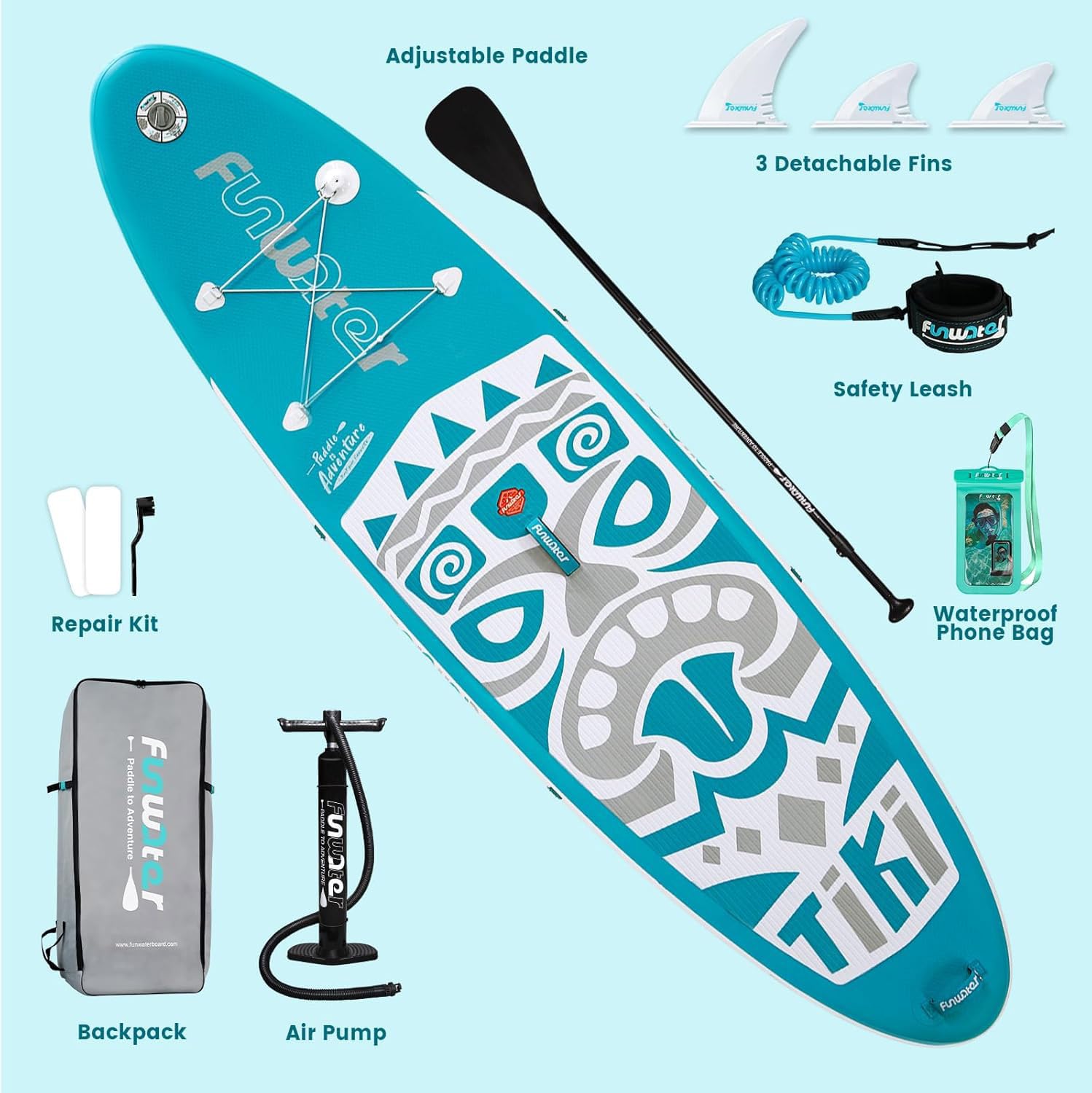 FunWater SUP Gonfiabile Stand Up Paddle Board Tavole da SUP Gonfiabili Adulti Tavola da Surf con Accessori Pompa a Mano,Pagaia,3 Pinne