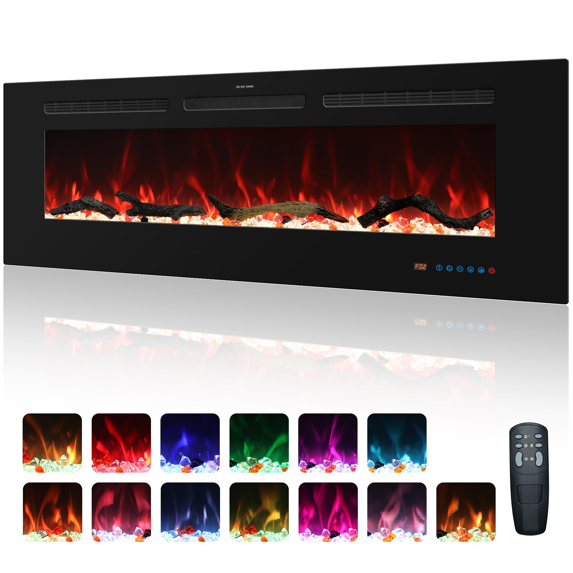 107 cm elektrischer Kamin, Einbau- und Wandkamin Heizung, 750W/1500W linearer Kamin mit Fernbedienung, Touchscreen, 13 Flammenfarben, Timer, Log-Kristall
