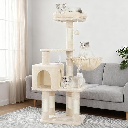 Miniatura 9 de Heybly Árbol para gatos con juguete, torre condominio para gatos de interior, casa para gatos con percha acolchada de felpa, hamaca acogedora y Beige