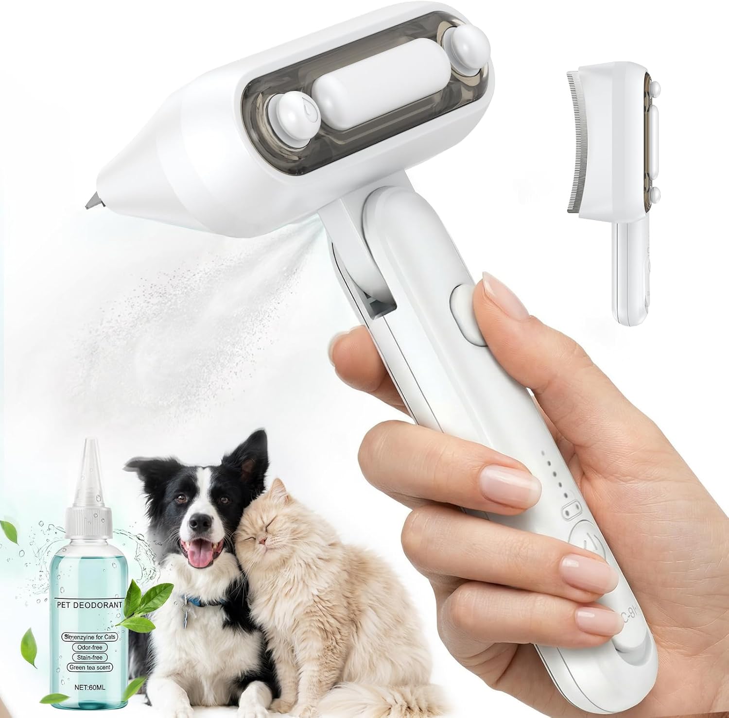 Spray Deshedding Brush for Cats & Dogs, 2-in-1 Mist Grooming Tool with Undercoat Removal, Anti-Static Pet Hair Remover, Gentle Stainless Steel Comb, No Flying Fur, Self Cleaning