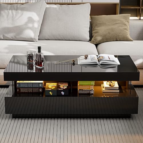 Miniatura 25 de Mesa de centro LED moderna, mesa de centro blanca de alto brillo con luces LED de 16 colores, mesa de centro rectangular contemporánea para sala de