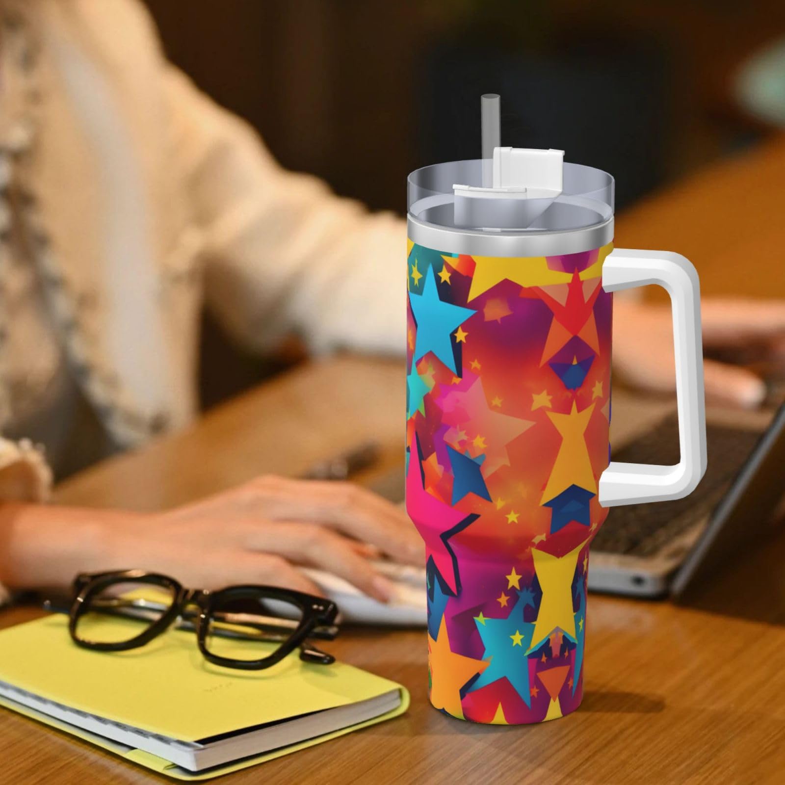 Rainbow Stars Ice Bully Doppelwandige isolierte Wasserflasche mit Griff und Strohhalm-Deckel, 1,2 l