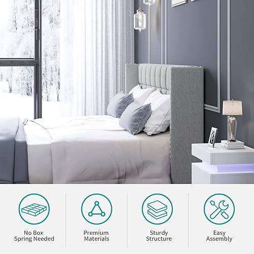 Miniatura 3 de BALUS Marco de cama de plataforma tamaño Queen con cabecero de respaldo aladomarco de cama tapizado con soporte de listones de madera macizafácil