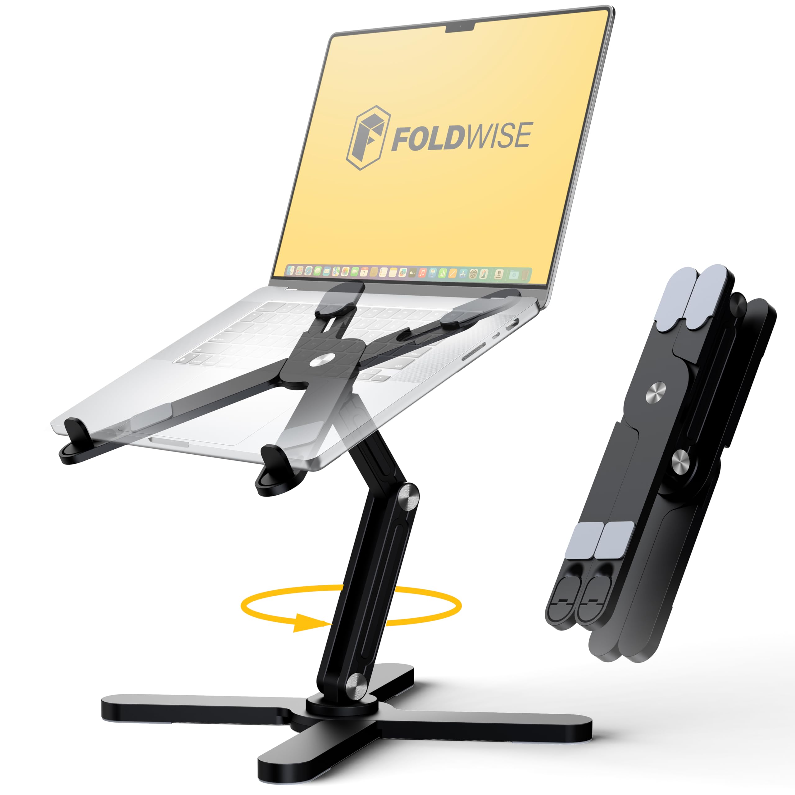 FoldWise X Supporto per Laptop da Scrivania - 100% Alluminio, Base Rotante a 360°, Pieghevole, Altezza & Angoli Regolabili - Riser Robusto & Portatile per MacBook e Laptop da 11-18''