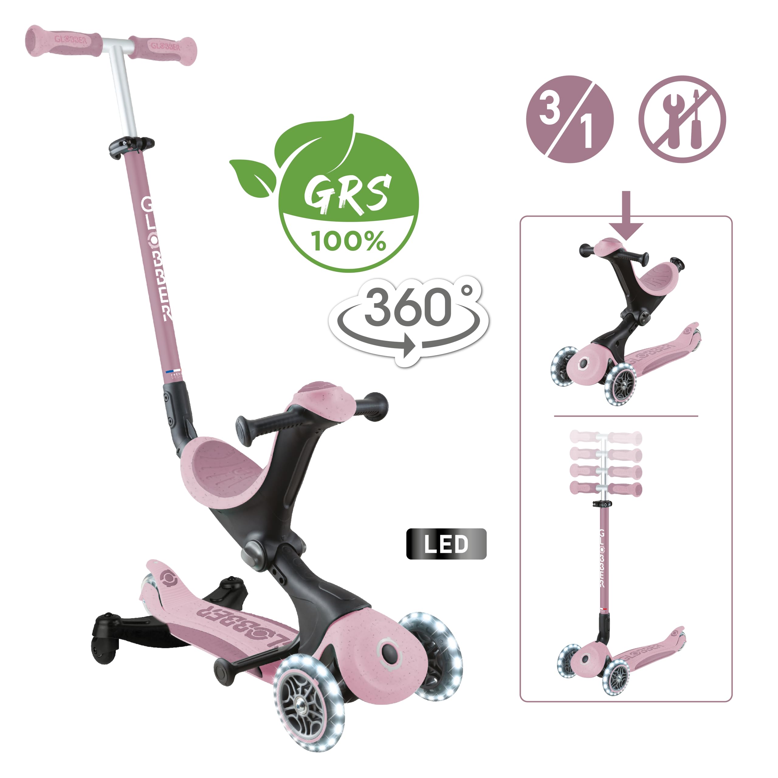 Globber - GO•UP Deluxe Lights ECO 360 – Skalierbarer Tretroller, 3 Räder mit Sitz und Modul 360, für Kinder von 15 Monaten bis 6 Jahren