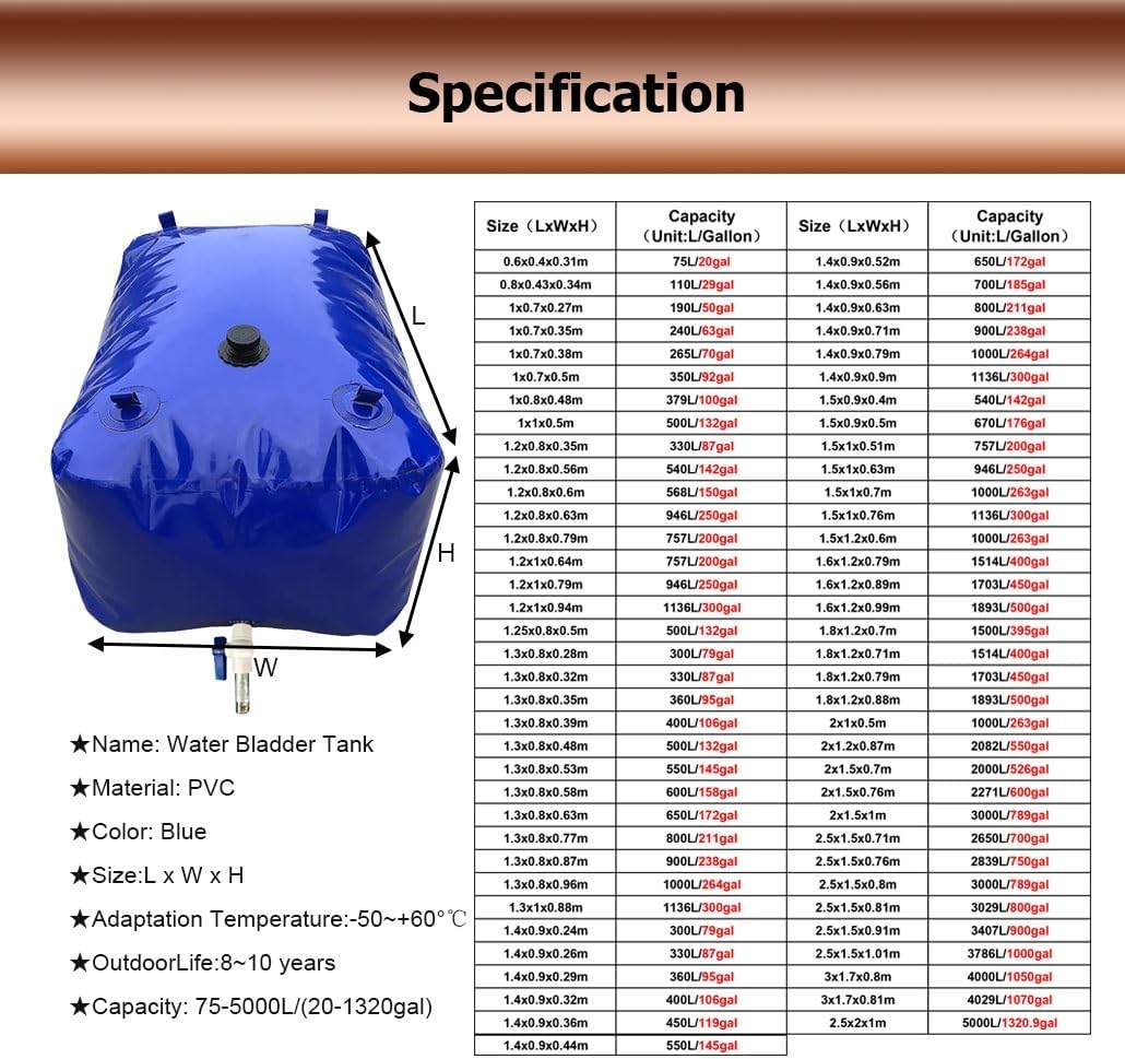 20-1320 Gal Portable Water Tank Collapsible Storage Container Bag Bladder Bob with Valve for Camping RV Drought-Resistant Fire-Fighting Agricultural(2x1.5x1m/3000L/789gal)