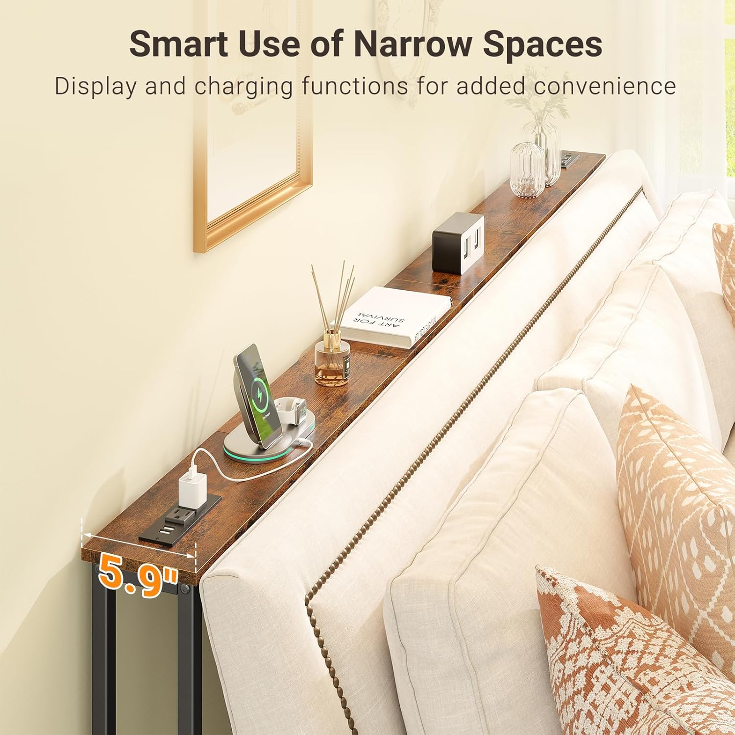 ELYKEN 94.5" Narrow Console Sofa Table with Power Outlet, 5.9'' Behind Couch Table with Charging Station, Long Entryway Tables for Living Room, Hallway, Rustic Brown