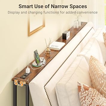 ELYKEN Set of 2 Narrow Console Tables with Power Outlets, Total 200.2 cm Long Behind the Sofa with Charging Station and 15 m Extension for Living Room, 15 cm D x 200 cm W x 75 cm H