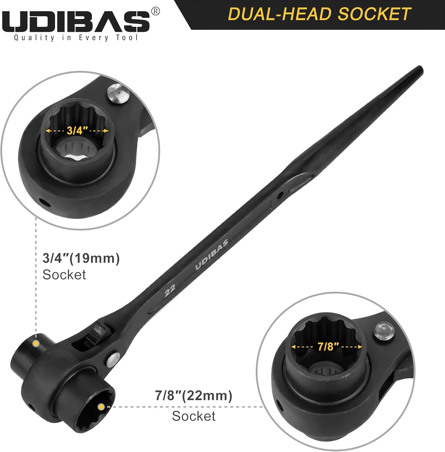 2PC 19mm×22mm (or 3/4" x 7/8") Professional Grade 12 Point Double Ended Socket Ratcheting Podger Scaffold Spud Wrench,Black