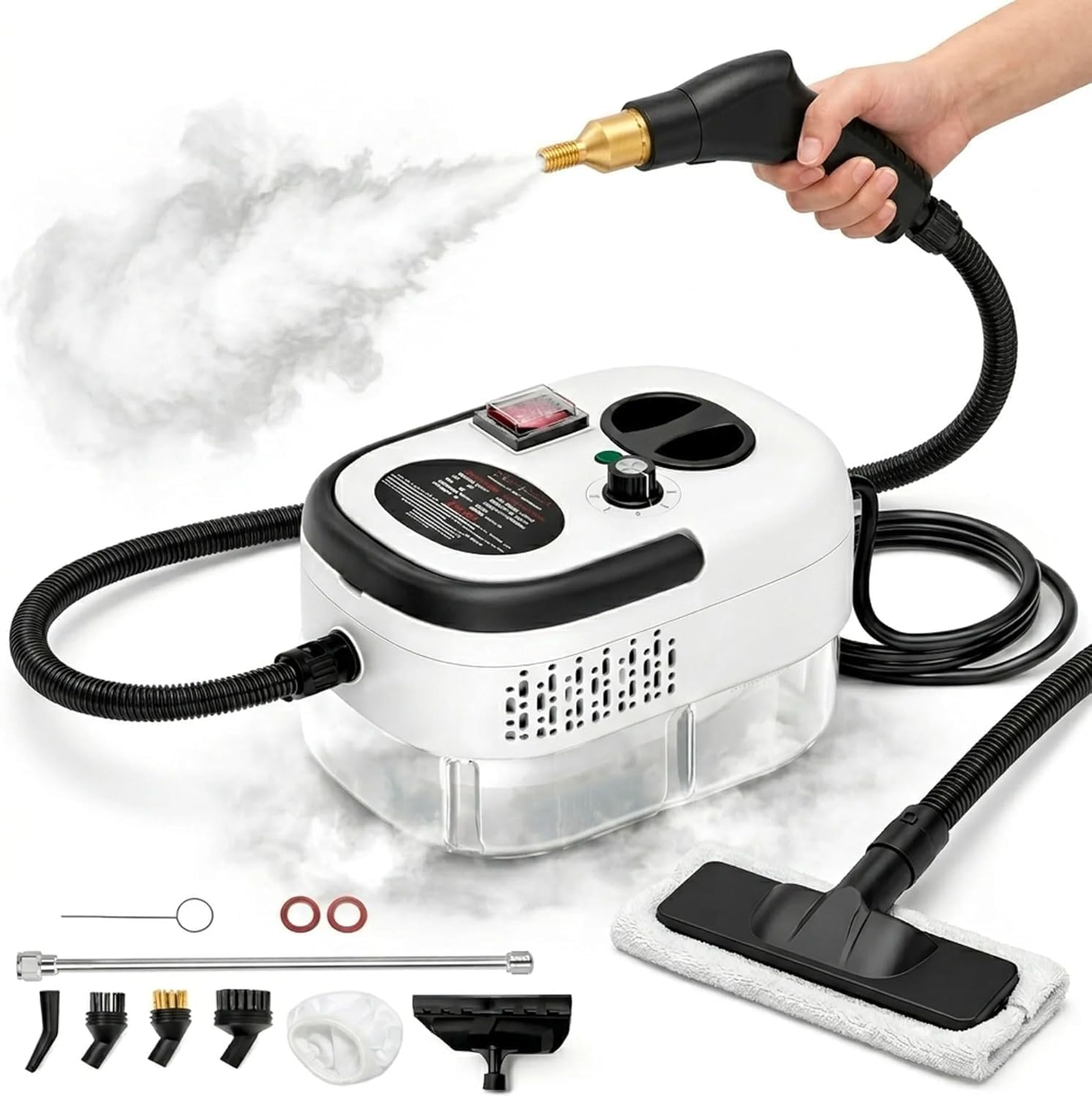 Pulitore a Vapore Portatile 2500W ad Alta Pressione – 6 Velocità Regolabili, Serbatoio 1200 ml, 3 Testine Incluse – Ideale per Casa, Cucina, Bagno, Finestre e Auto