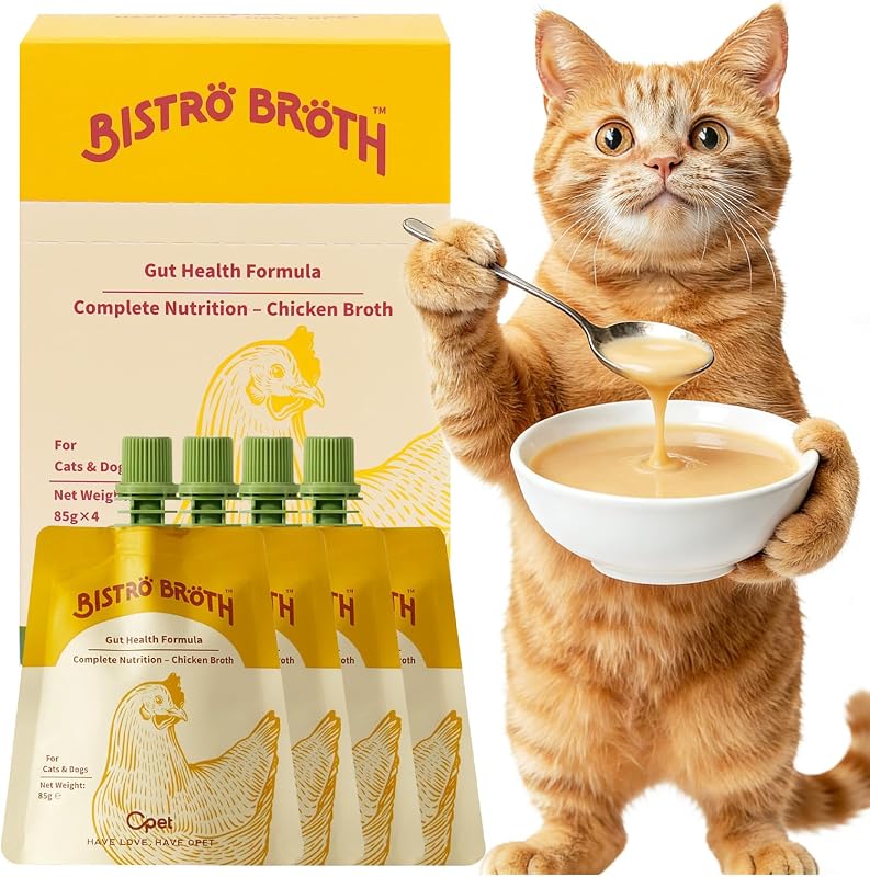 Ração úmida para gatos OPET Bistro com caldo de frango e pós-bióticos, 4 sachês de 85 g