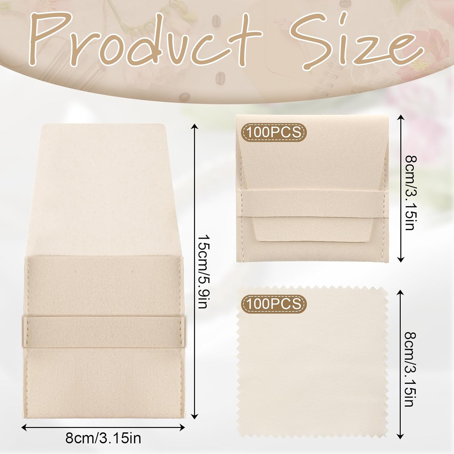 100 Pcs Microfiber Jewelry Pouch 8x8cm Luxury Small Jewelry Gift Bag with Cleaning Cloth Small Jewelrys Pouch for Bracelet Necklace Packaging, Envelope Style with Fixed Strap and Divider, Beige
