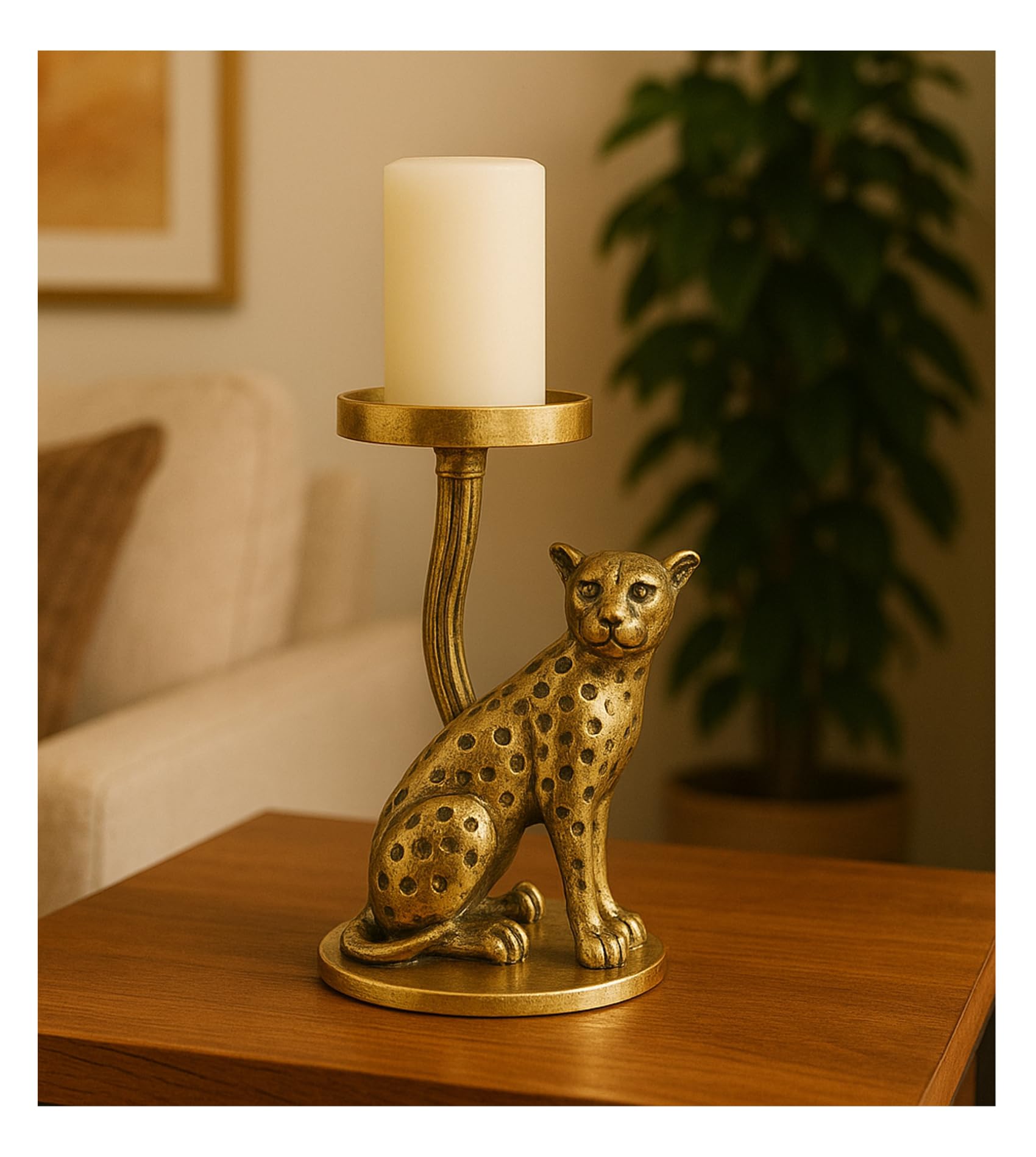 Pantherique Premium Handcrafted Aluminium Brass Finish Jaguar Pillar Candle Holder | Decorative Tabletop Showpiece for Living Room Home Office and Festive Decor | Housewarming Gift-image-45